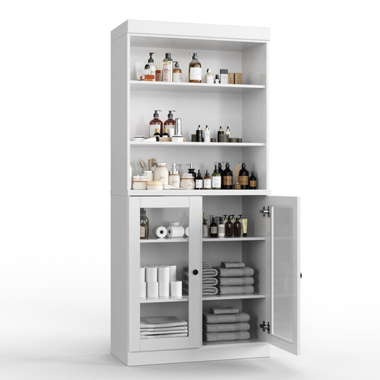 100% Solid Wood Bathroom & Laundry Storage Cabinet, Raised Panel Doors, Adjustable Shelves, 32" Wide, 71.5" Tall