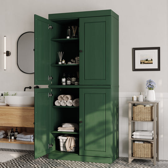 100% Solid Wood Bathroom & Laundry Storage Cabinet, Raised Panel Doors, Adjustable Shelves, 32" Wide, 71.5" Tall