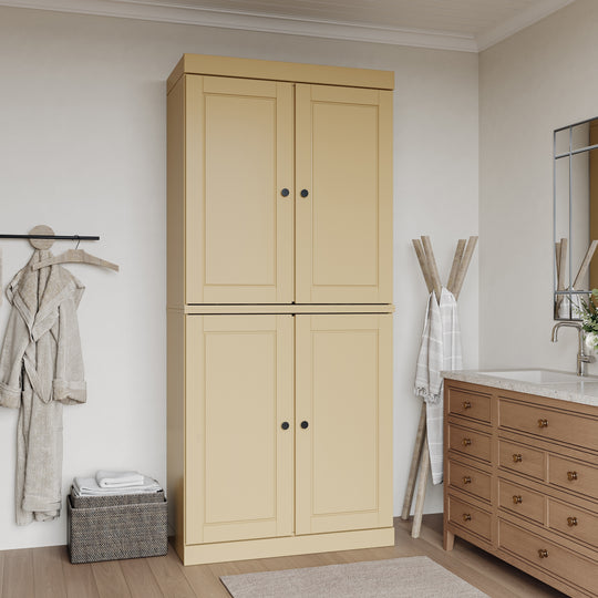 100% Solid Wood Bathroom & Laundry Storage Cabinet, Raised Panel Doors, Adjustable Shelves, 32" Wide, 71.5" Tall