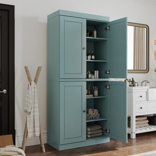 100% Solid Wood Bathroom & Laundry Storage Cabinet, Raised Panel Doors, Adjustable Shelves, 32" Wide, 71.5" Tall