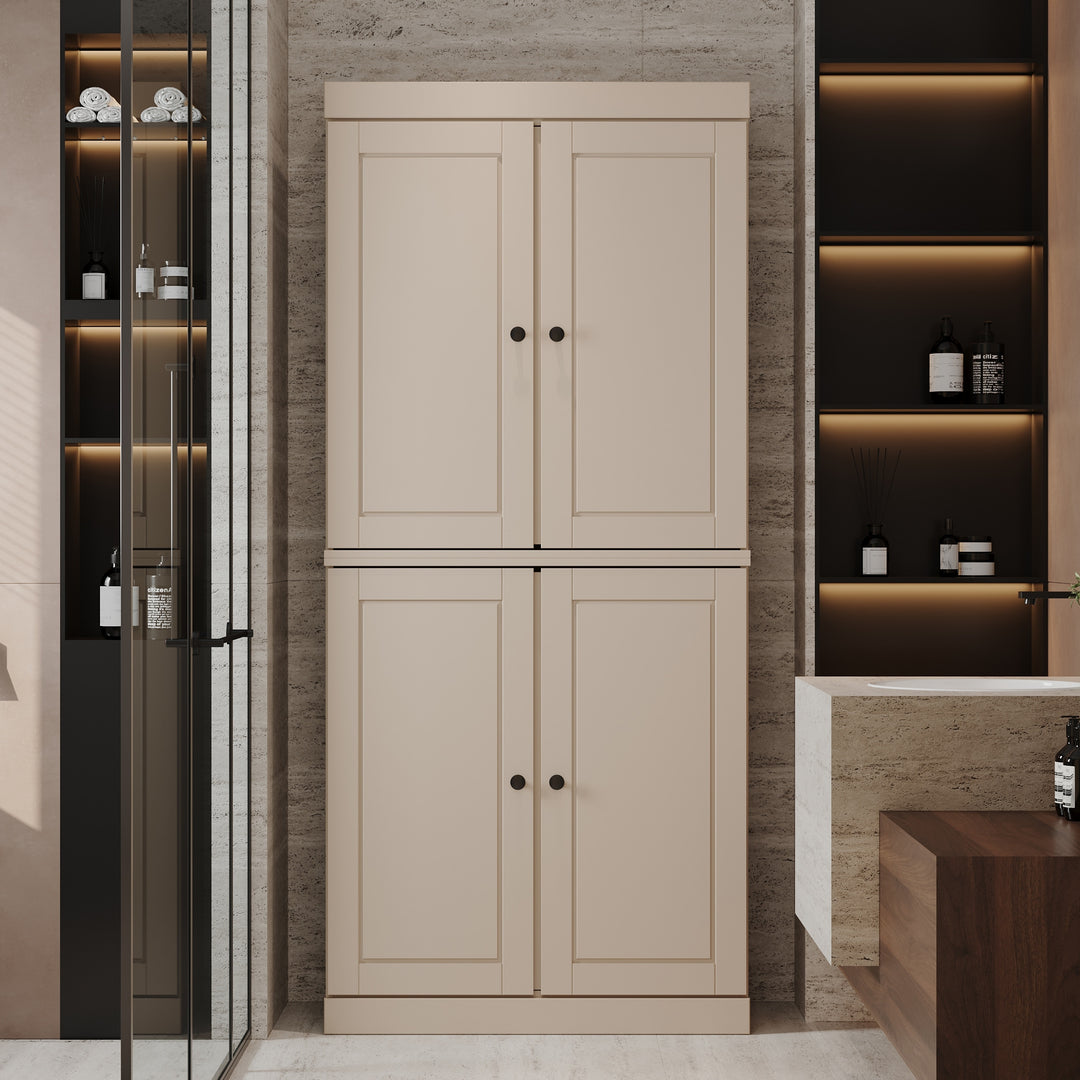 100% Solid Wood Bathroom & Laundry Storage Cabinet, Raised Panel Doors, Adjustable Shelves, 32" Wide, 71.5" Tall