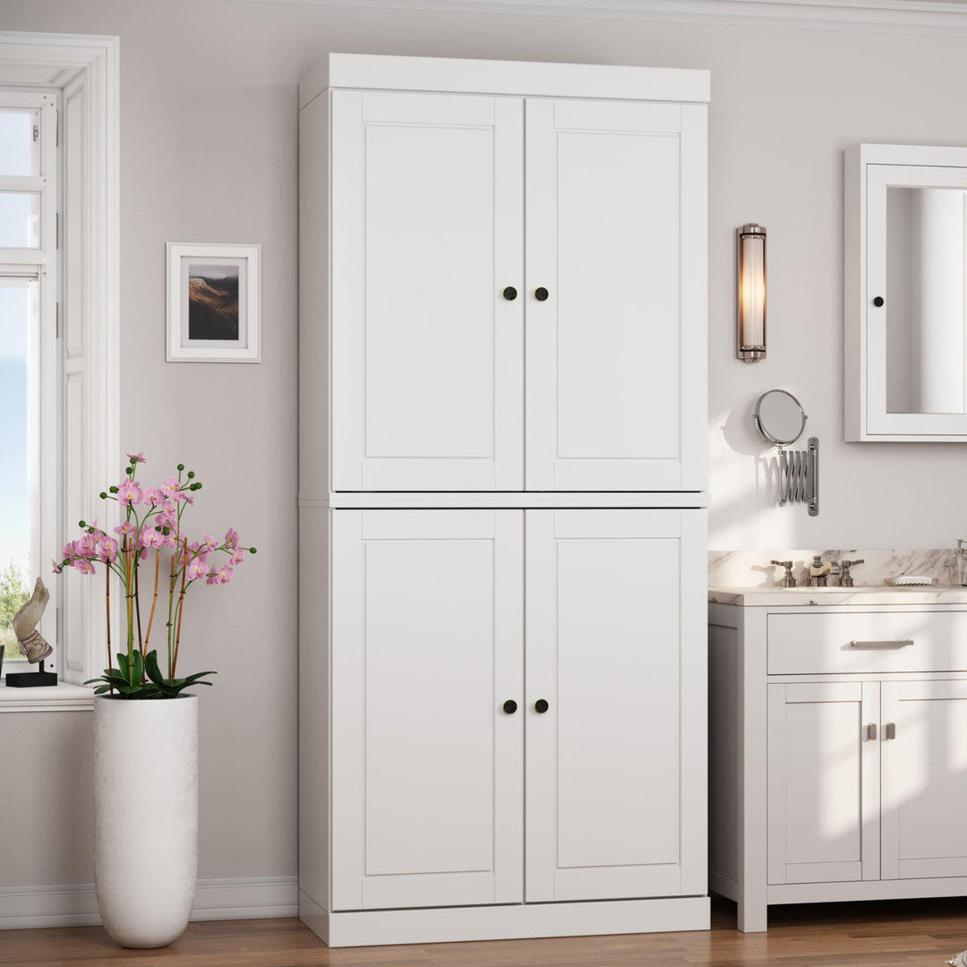 100% Solid Wood Bathroom & Laundry Storage Cabinet, Raised Panel Doors, Adjustable Shelves, 32" Wide, 71.5" Tall