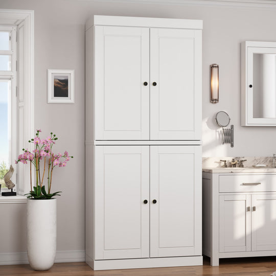 100% Solid Wood Bathroom & Laundry Storage Cabinet, Raised Panel Doors, Adjustable Shelves, 32" Wide, 71.5" Tall