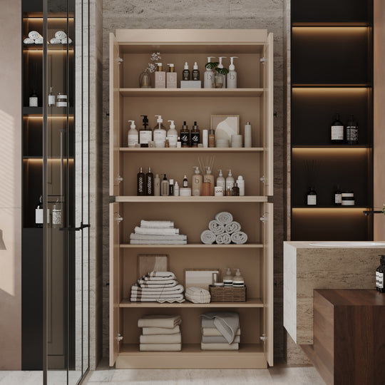 100% Solid Wood Bathroom & Laundry Storage Cabinet, Raised Panel Doors, Adjustable Shelves, 32" Wide, 71.5" Tall