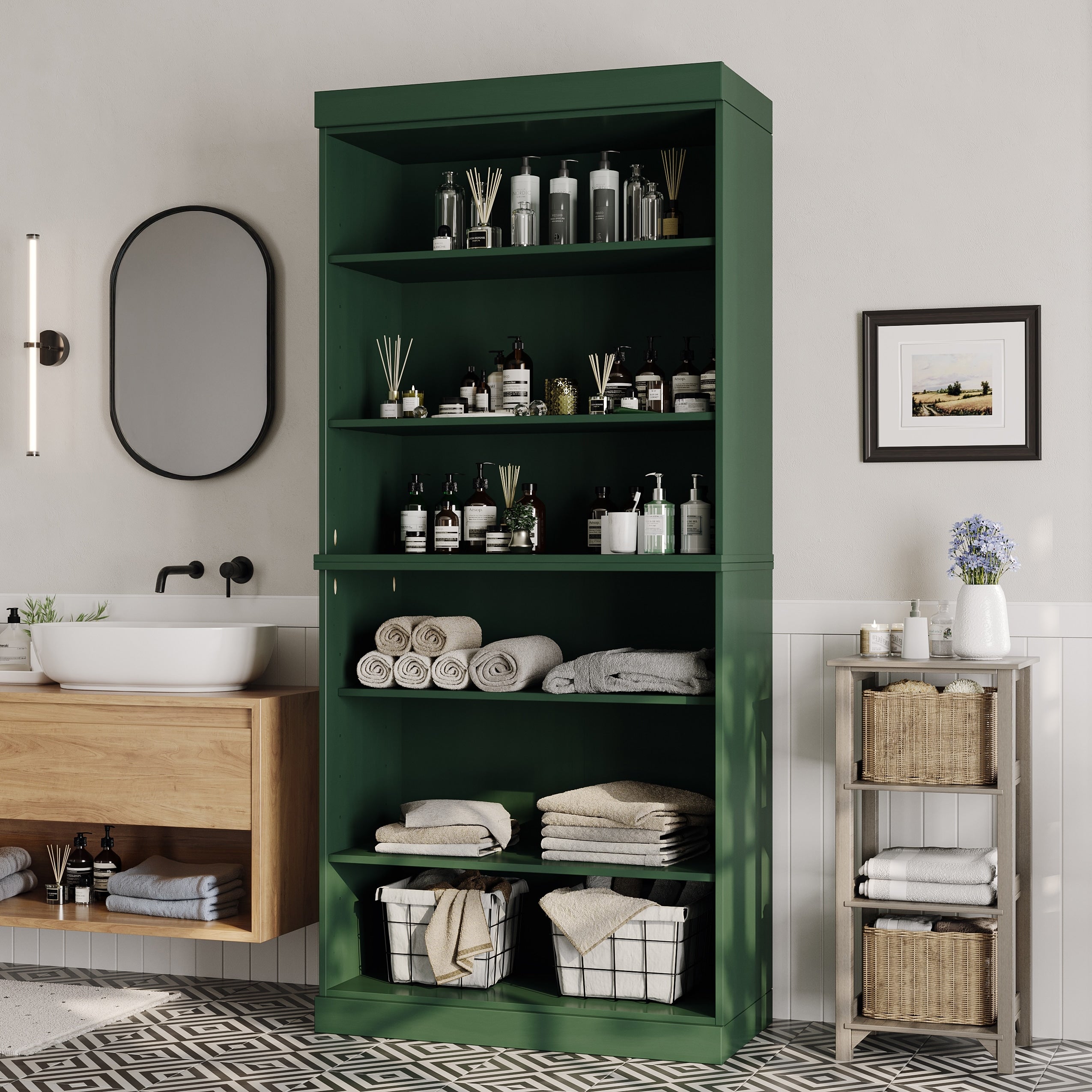 100% Solid Wood Bathroom & Laundry Storage Cabinet, Raised Panel Doors, Adjustable Shelves, 32" Wide, 71.5" Tall