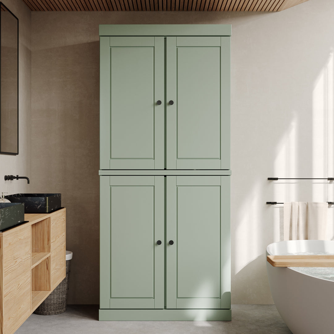 100% Solid Wood Bathroom & Laundry Storage Cabinet, Raised Panel Doors, Adjustable Shelves, 32" Wide, 71.5" Tall