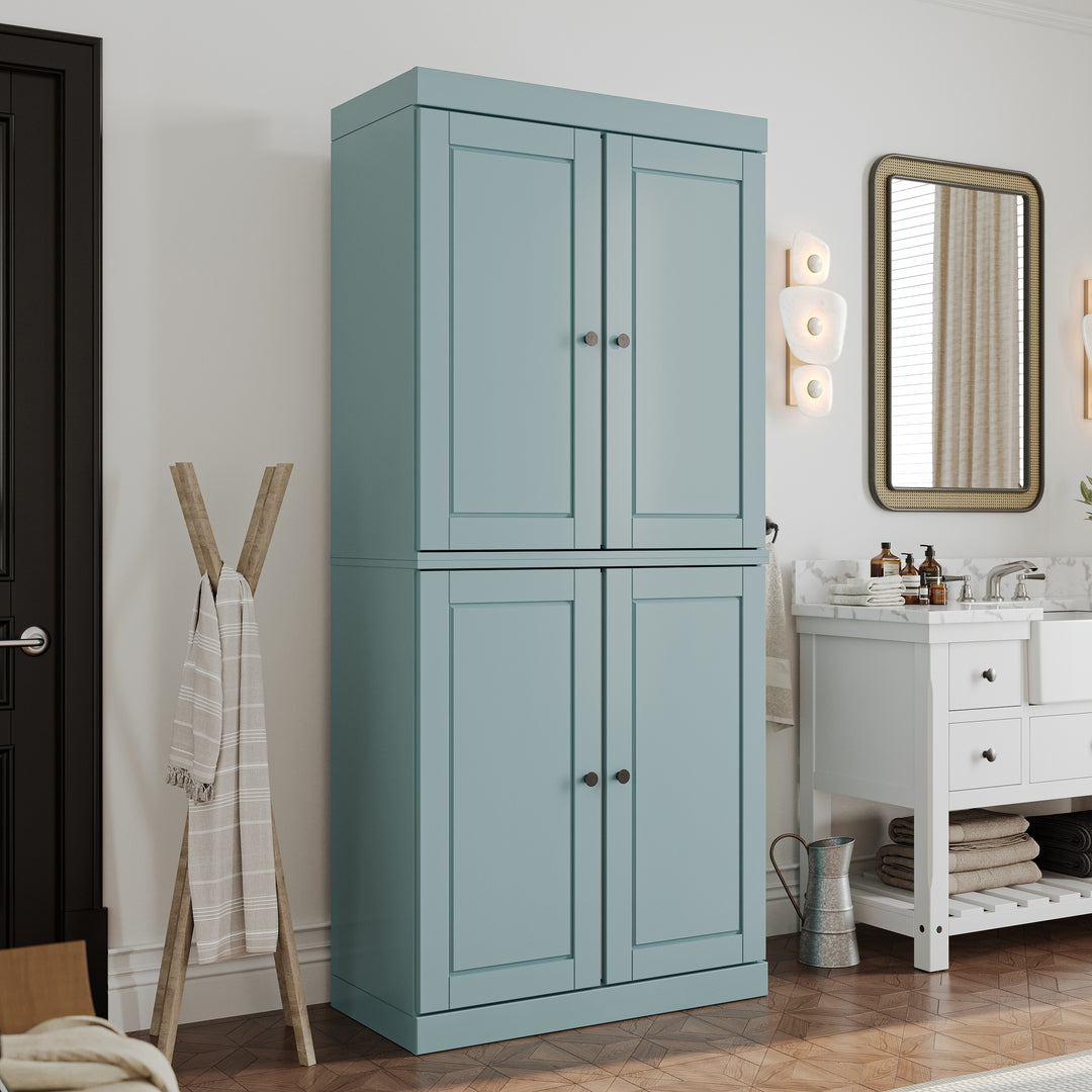 100% Solid Wood Bathroom & Laundry Storage Cabinet, Raised Panel Doors, Adjustable Shelves, 32" Wide, 71.5" Tall