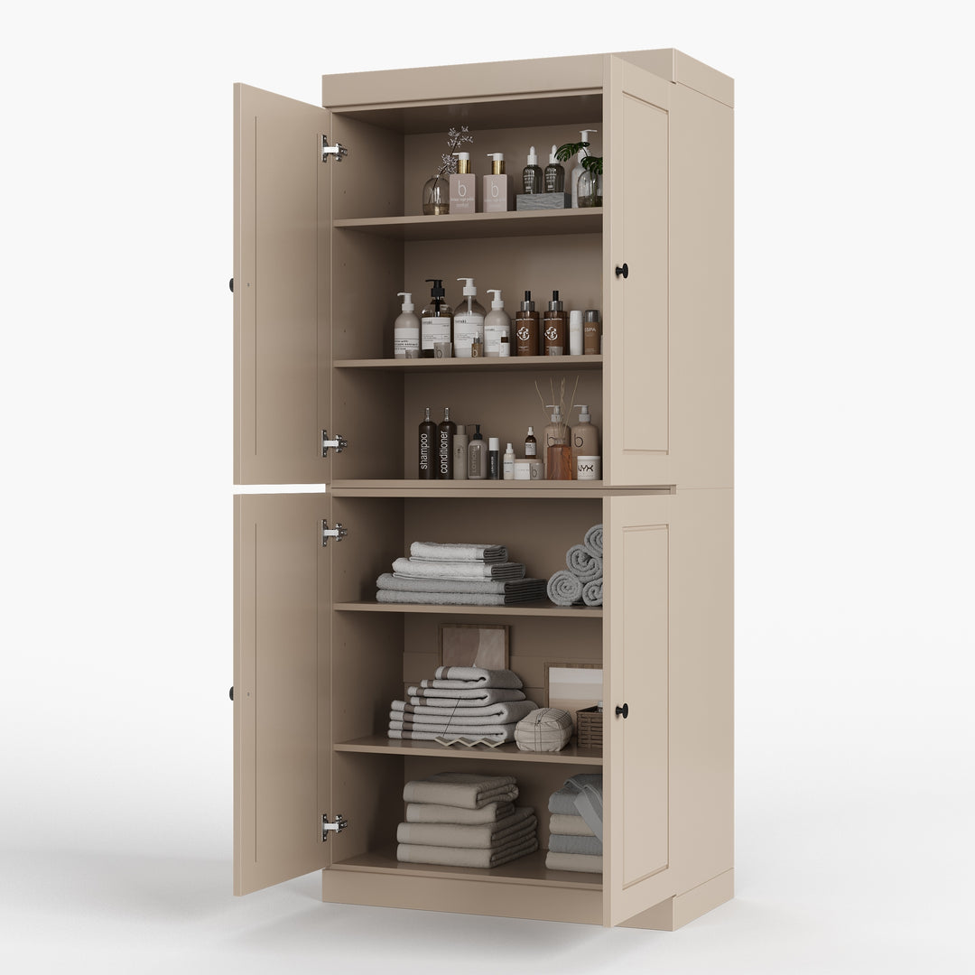 100% Solid Wood Bathroom & Laundry Storage Cabinet, Raised Panel Doors, Adjustable Shelves, 32" Wide, 71.5" Tall