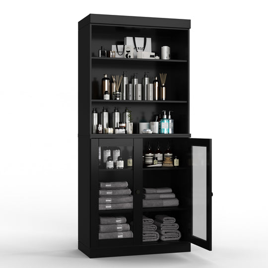 100% Solid Wood Bathroom & Laundry Storage Cabinet, Raised Panel Doors, Adjustable Shelves, 32" Wide, 71.5" Tall
