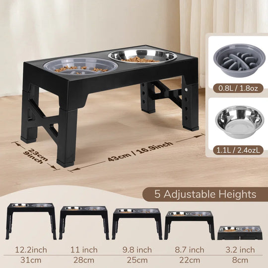 Elevated Dog Bowls, Dog Feeder with Stainless Steel Bowl & Slow Feeder Dog Bowl, 5 Heights Adjustable Raised Dog Bowls Stand