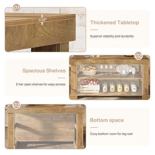 55-Inch Stationary Kitchen Island with Storage Shelves and Large Worktop, Farmhouse Style, Light Brown