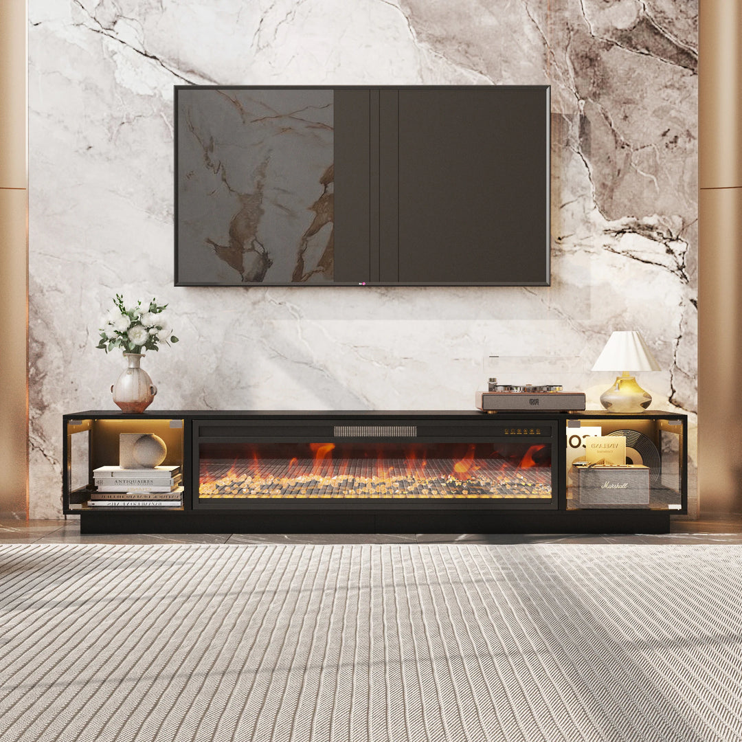 Modern Black Fireplace TV Stand Combo,Remote Fireplace Heater,2 Drawers,Light Strip & USB