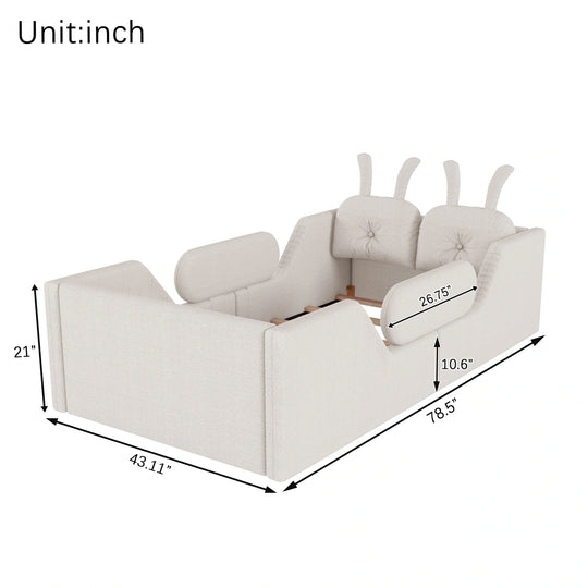 Twin Size Upholstered Platform Bed with Rabbit Cushion, Floor Upholstered Bed with Removable Side Rails