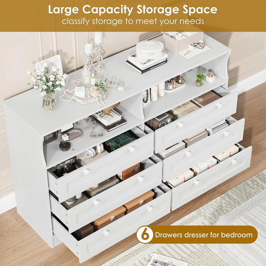 Modern 6 Drawer Dresser for Bedroom with Power Outlet and LED Light
