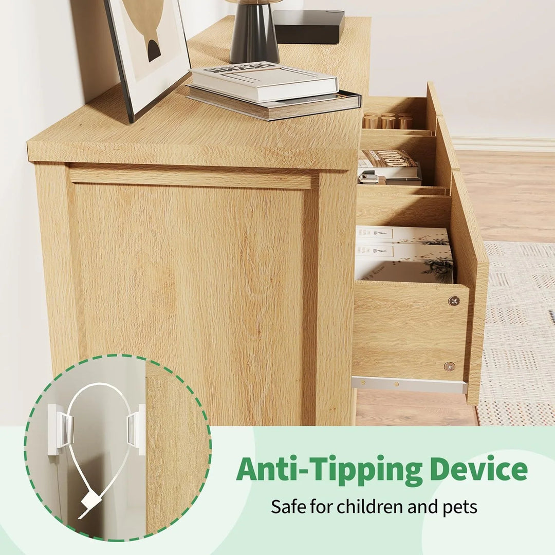 7 Drawer Dresser for Bedroom, 54 in Wide Modern Fluted Chest of Drawers, Wooden Storage & TV Stand, Natural Oak