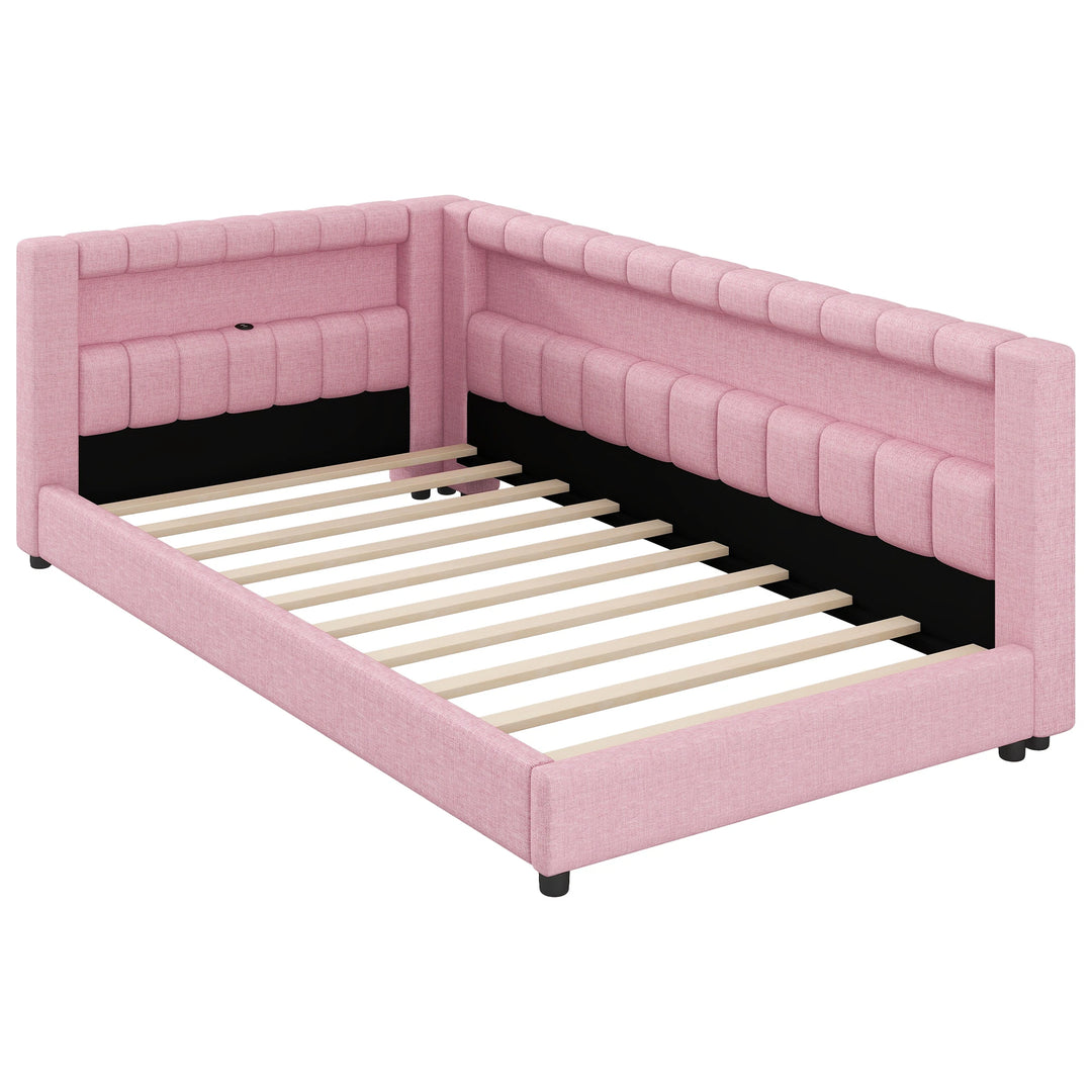 Upholstered Low-Profile Daybed Platform Bed Built-In USB Ports and LED Light Belt, Grounded Design with Padded Backrest