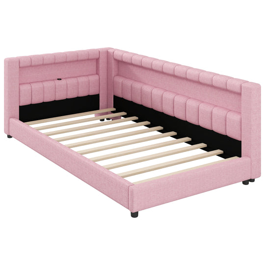 Upholstered Low-Profile Daybed Platform Bed Built-In USB Ports and LED Light Belt, Grounded Design with Padded Backrest