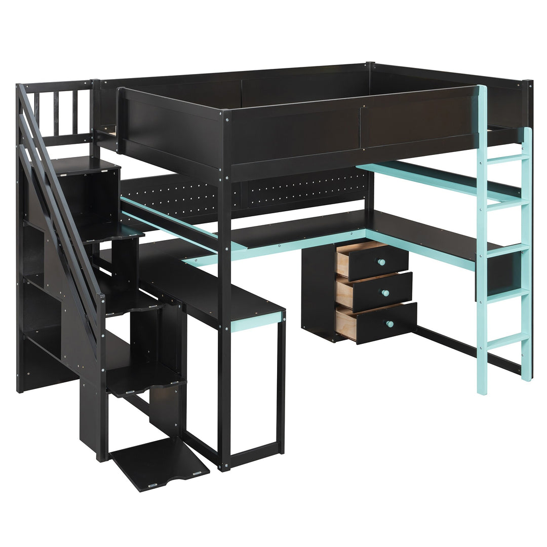 Full Size Wooden Gaming Loft Bed with Storage Stairs, Desk, Shelves and Pegboard