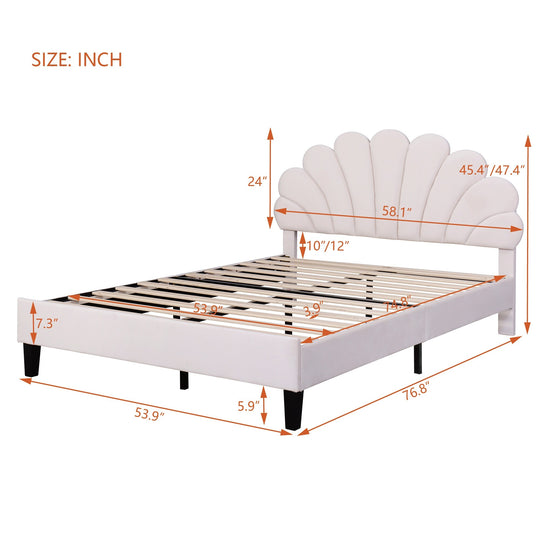 Upholstered Platform Bed with Flower Pattern Velvet Headboard