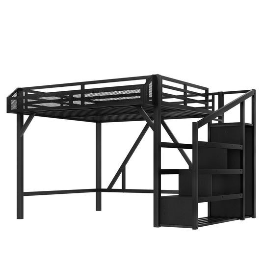 Storage Stairs Loft Bed Queen Size Metal Bed Frame with Built-In Wardrobe, Shelves, Light Strip and Charging Station