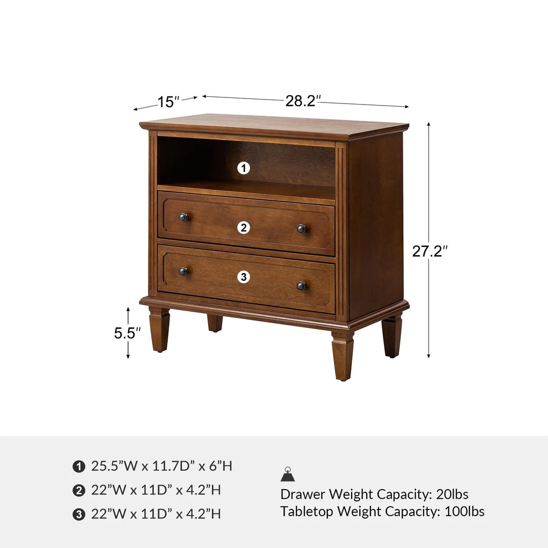 Kamilo Transitional 28''W 2-Drawers End Table with Built-In Charging Station and Solid Wood Legs by