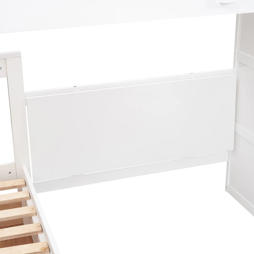 L-Shaped Bunk Bed with Three Drawers, Portable Desk and Wardrobe, Twin-Twin over Full Design