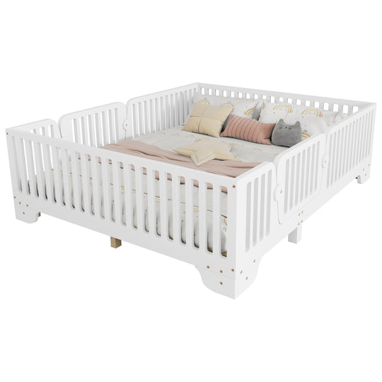 Full Size Montessori Floor Bed Frame with Safety Rails and Removable Door, Low Profile Kids Bed with Slatted Support