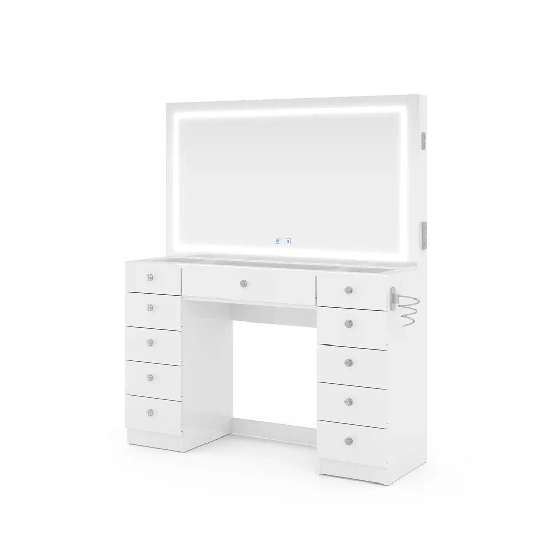 Makeup Vanity Desk W/ Free Black Storage Stool, Full-Width, Dimmable LED Mirror, Bluetooth, 11 Drawers