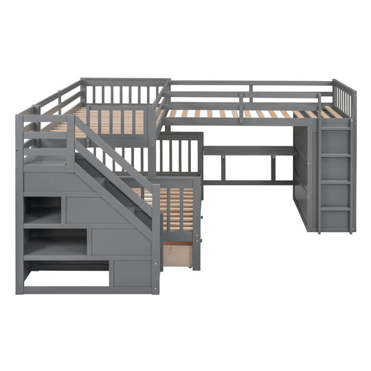 L-Shaped Bunk Bed with Three Drawers, Portable Desk and Wardrobe, Twin-Twin over Full Design