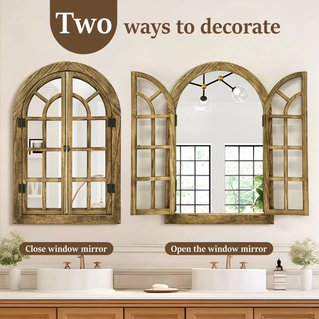 Vintage Wood Windowpane Arched Wall Mirror