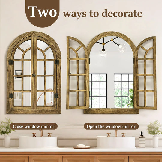 Vintage Wood Windowpane Arched Wall Mirror