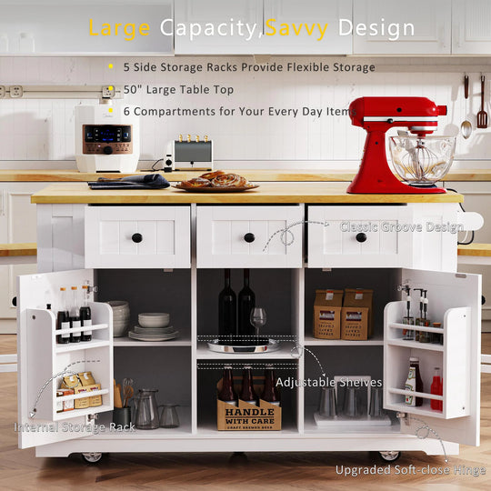 Large Kitchen Island with Drop Leaf,Power Outlet,Door Internal Storage Rack,3 Drawers(Not Include Bar Stools)