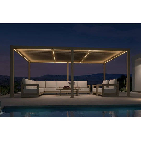 Solar Louvered Pergola with LED String Lights Aluminum Outdoor Pergola with Adjustable Roof for Patio Garden