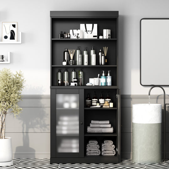 100% Solid Wood Bathroom & Laundry Storage Cabinet, Raised Panel Doors, Adjustable Shelves, 32" Wide, 71.5" Tall