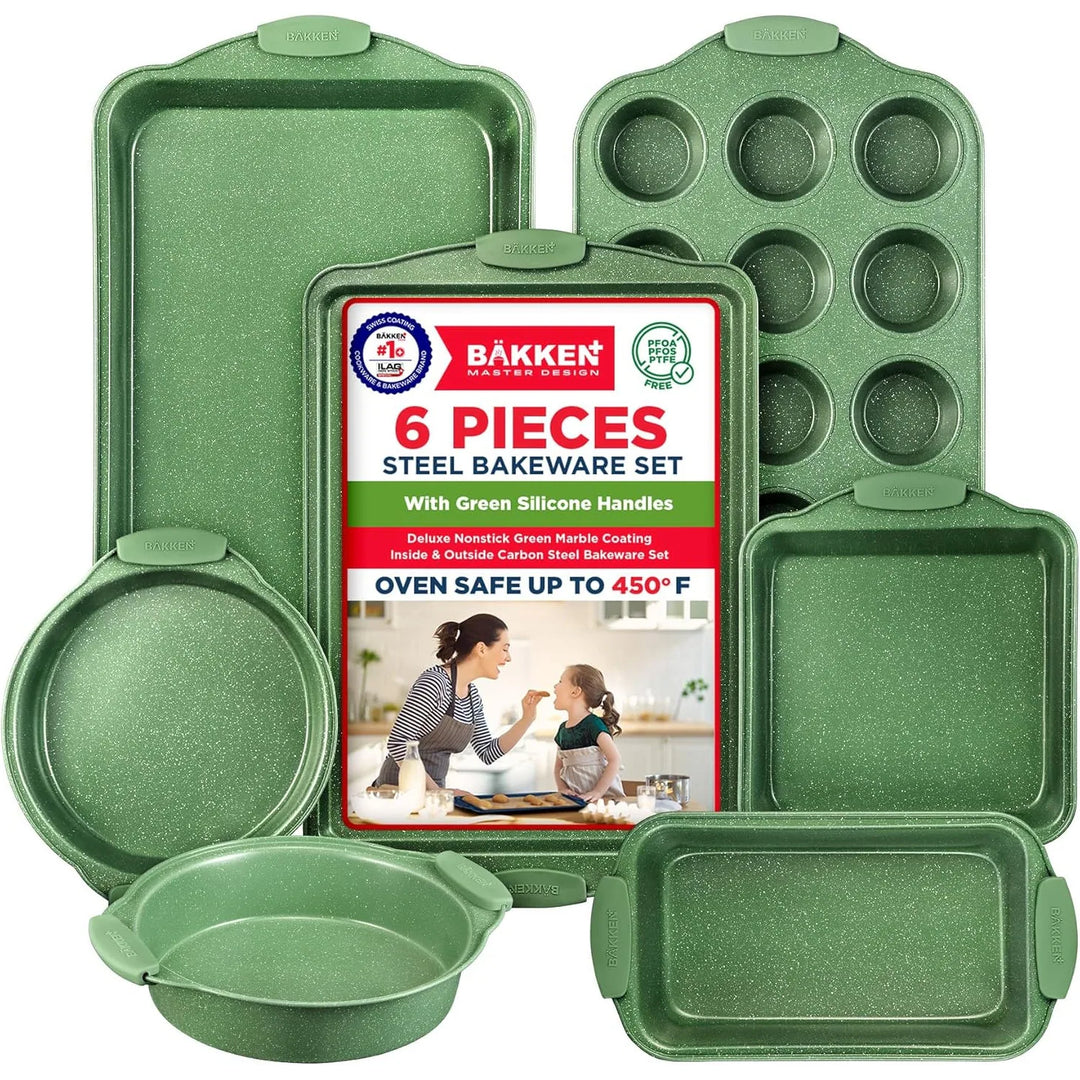 BAKKEN Kitchen Baking Pan Set - Nonstick Green Marble Coating, Carbon Steel Bakeware Sets with Green Silicone Handles,