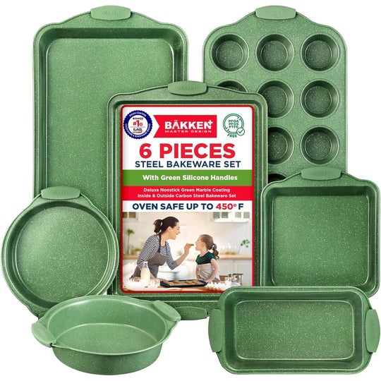 BAKKEN Kitchen Baking Pan Set - Nonstick Green Marble Coating, Carbon Steel Bakeware Sets with Green Silicone Handles,