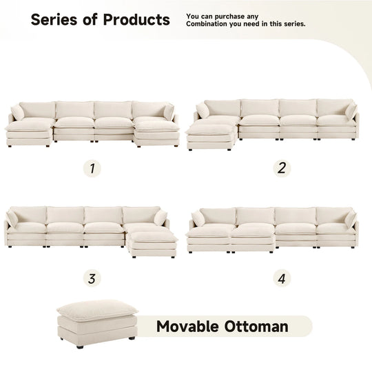 Corduroy Sectional Sofa with Removable Ottomans & Ultra-Soft Cushions for Living Room & Bedroom