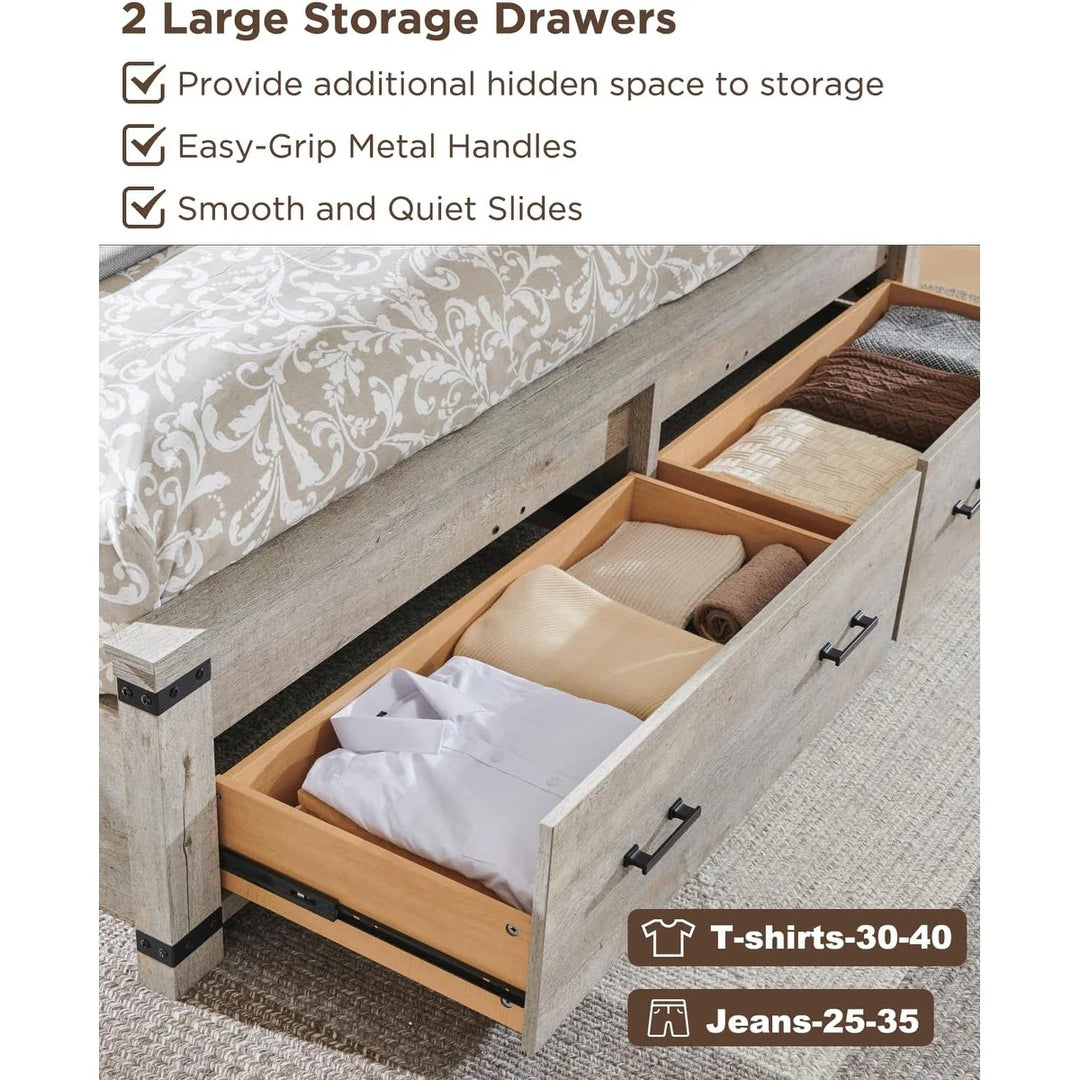 Farmhouse Wood Bed Frame with 54" Tall Headboard, 2 Large Drawers