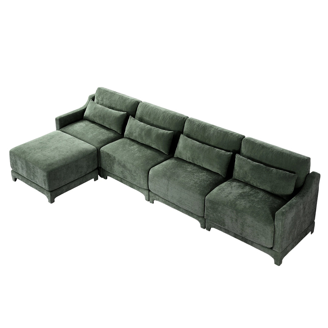 Modern Chenille 4-Seater Sofa with 2 Ottoman, Lumbar Cushions, Ergonomic Backrest, High-Resilience Spongeand Tufted Armrests