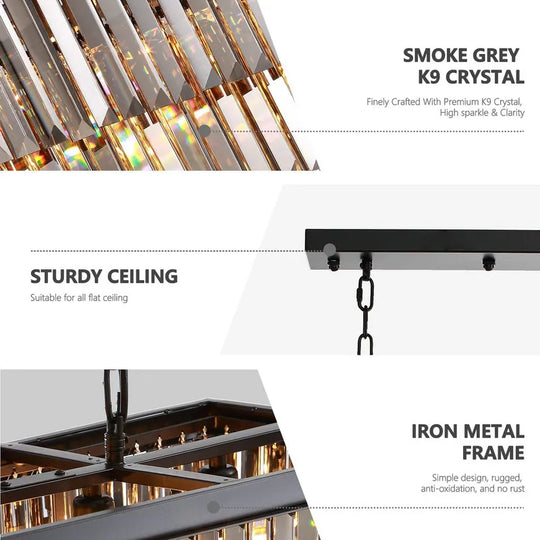 47 In. Smoked Gray and Black Modern Contemporary Crystal Chandelier 2-Tier Linear Kitchen Island Pendant Light for Dining Room