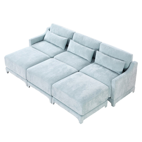 Modern Chenille 4-Seater Sofa with 2 Ottoman, Lumbar Cushions, Ergonomic Backrest, High-Resilience Spongeand Tufted Armrests