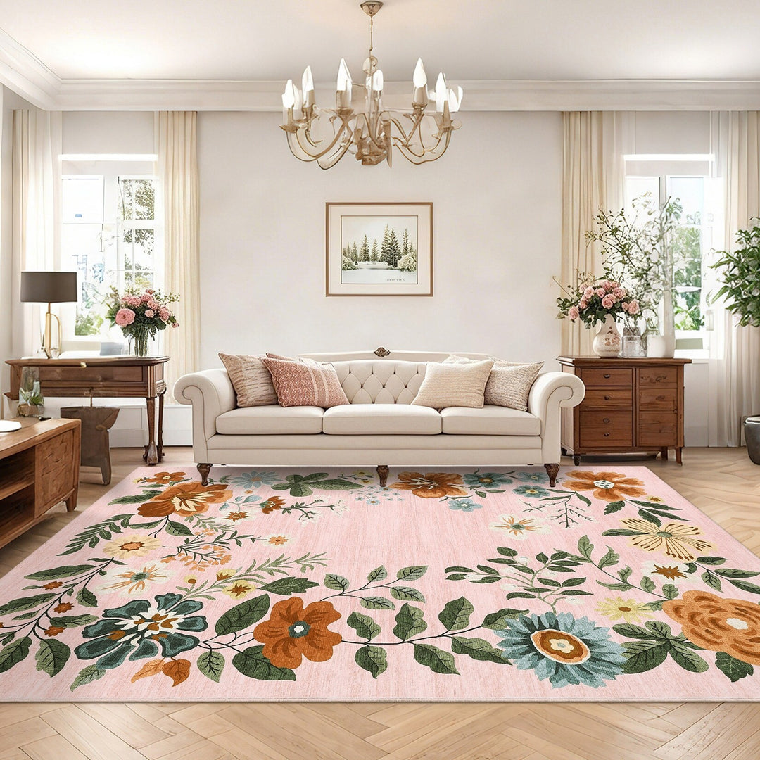 Floral Rugs Modern Indoor Soft Ultra-Thin Carpet Low Pile Flower Print Non Slip Throw Rug for Nursery Bedroom