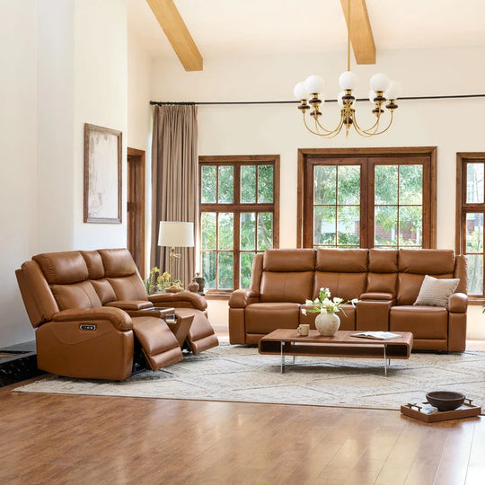 Hadlee Genuine Leather Reclining Sofa with Multi-Function Console.