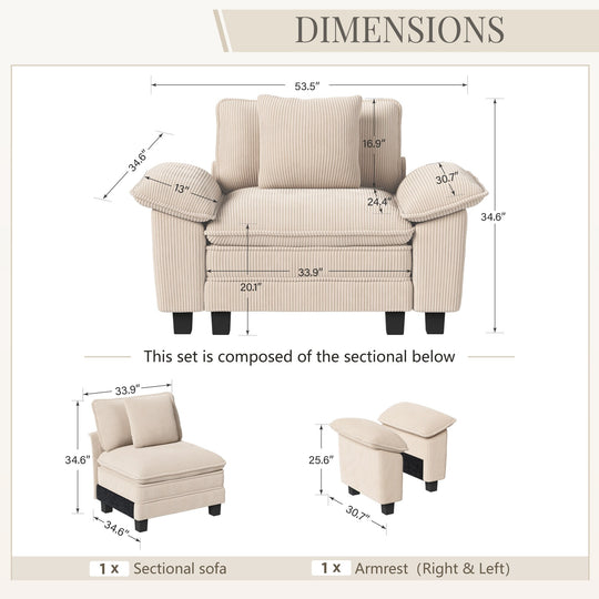 Cloud Modular Deep Seat Sofa, Chenille or Corduroy Sectional Couch with Removable Arms, 1–4 Seater