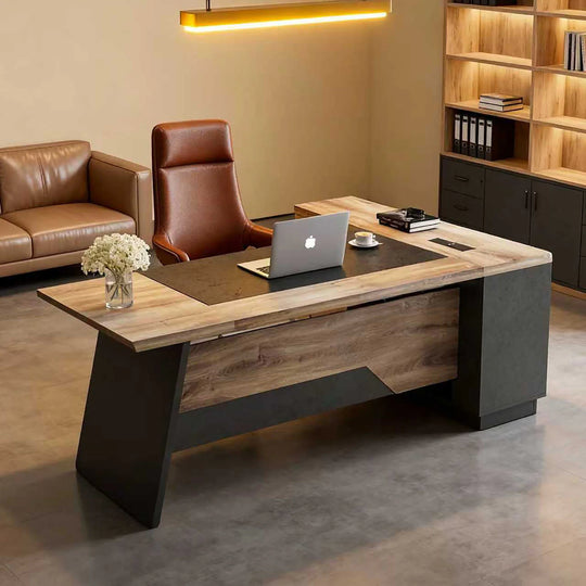 78.74 Inches L-Shape Executive Desk, Industrial Wood Desk with Cabinet Drawer Storage Shelves