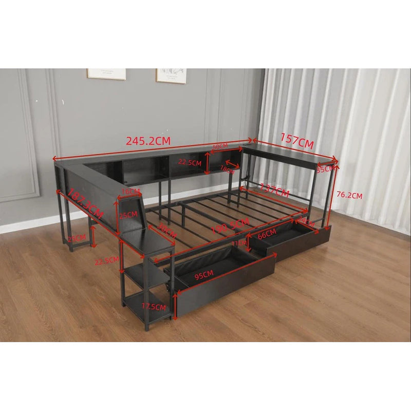 Corner Bed Frame Full Size with Bookcase Two Underbed Storage Drawers LED