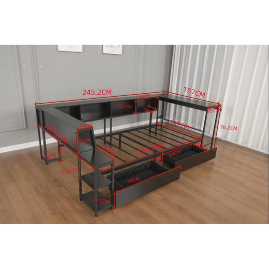 Corner Bed Frame Full Size with Bookcase Two Underbed Storage Drawers LED