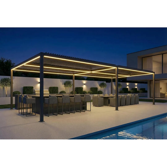 Solar Louvered Pergola with LED String Lights Aluminum Outdoor Pergola with Adjustable Roof for Patio Garden