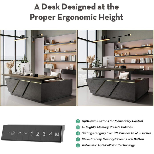 WESOME Adjustable Height L Shaped Executive Desk with Outlet Cabinets Cable Management