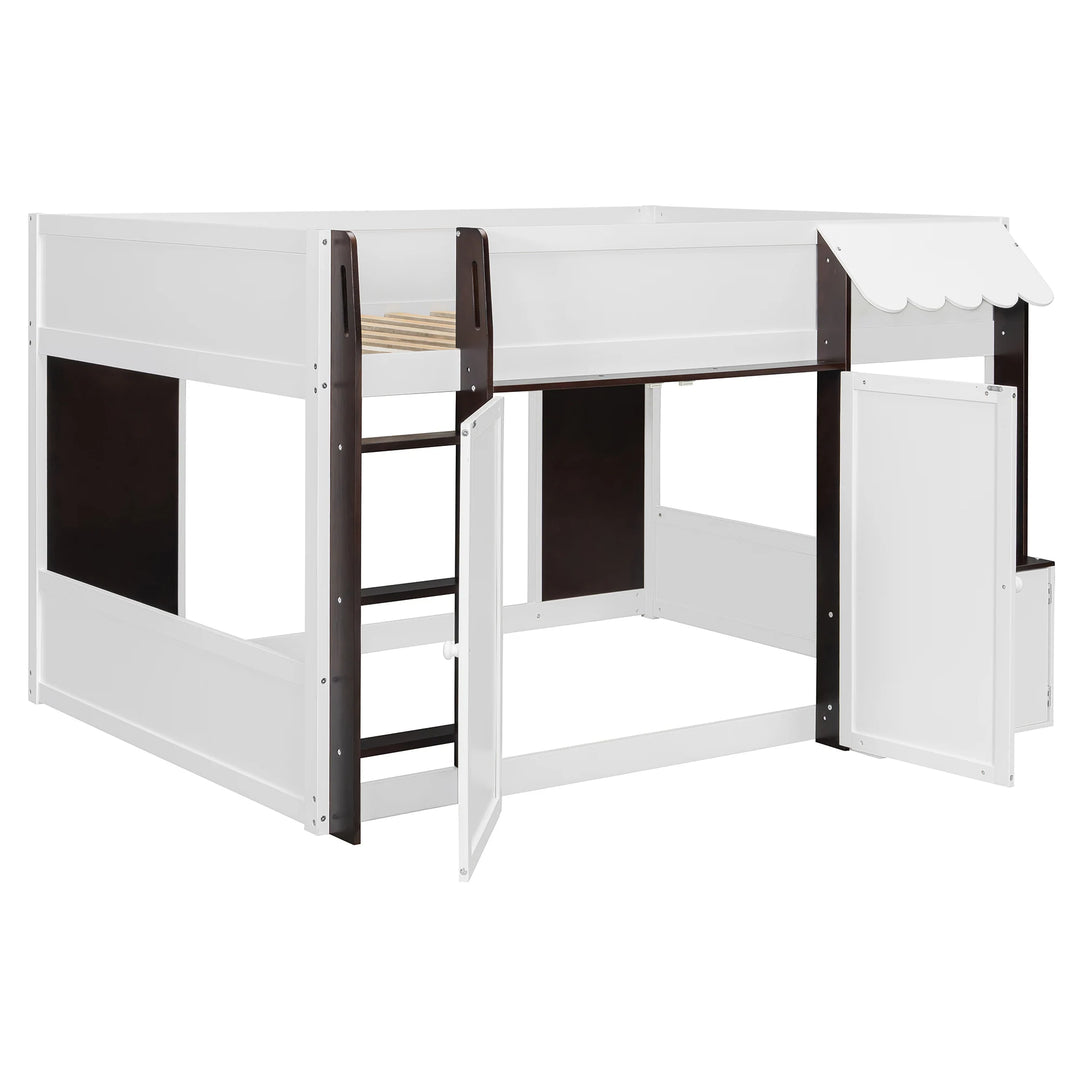 Full Loft House Bed with Playhouse Storage Modern Wood Cabin Bed for Kids